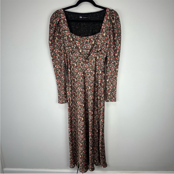 Zara Floral Brown Midi Dress satin square neck - Picture 4 of 5